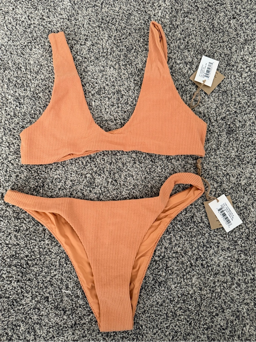 Ribbed V-Neck Bikini Set in Peach Orange